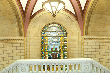 interior view of the courthouse and stained glass window